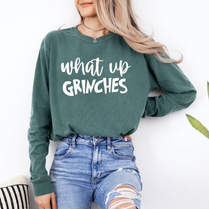What's Up Grinches Christmas Long Sleeve Tee - Graphic Tee for wholesale by Wholehearted Motherhood and Co.