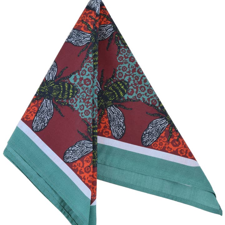 Hearth and Harrow - Wholesale Bandana - Unisex - Honeybee Bandana - 100% Cotton - Red and Teal - Hand Printed5