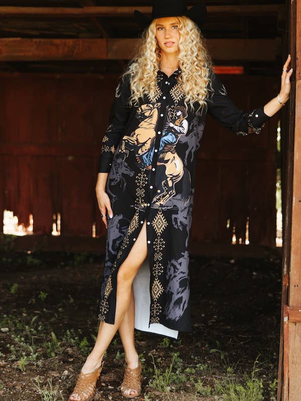 LUCKY & BLESSED - Wholesale Dress - Women's - Black Riding Cowboy Aztec Button Down Maxi Shirt Dress