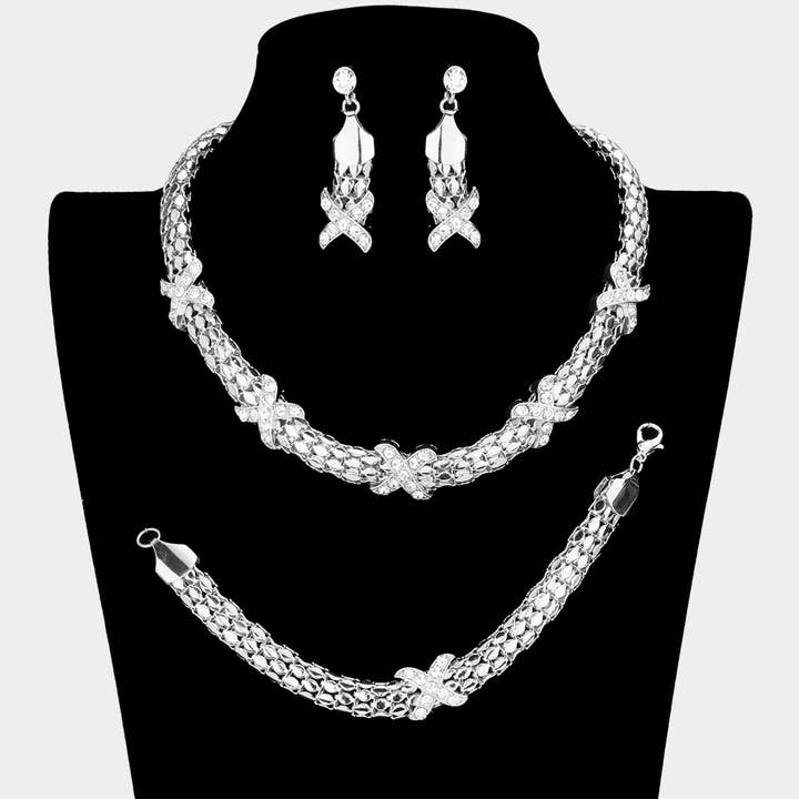 Sensibling Corp. - Wholesale Jewelry Set - 3-PCS Crossed Rhinestone Necklace Jewelry Set