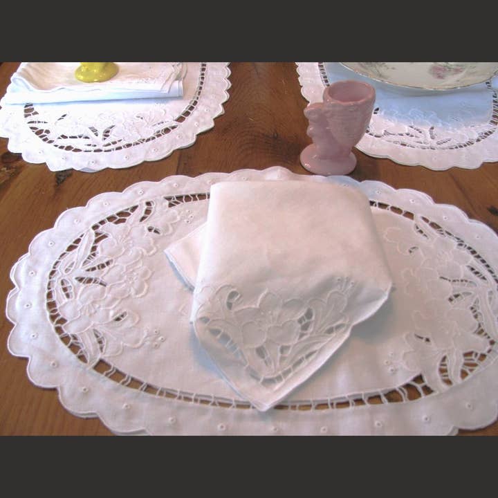 Easter Lily Linen Cutwork Oval Placemat + Napkin Set (4+4) for wholesale by Eastern Sunrise Lace And Linens Inc.
