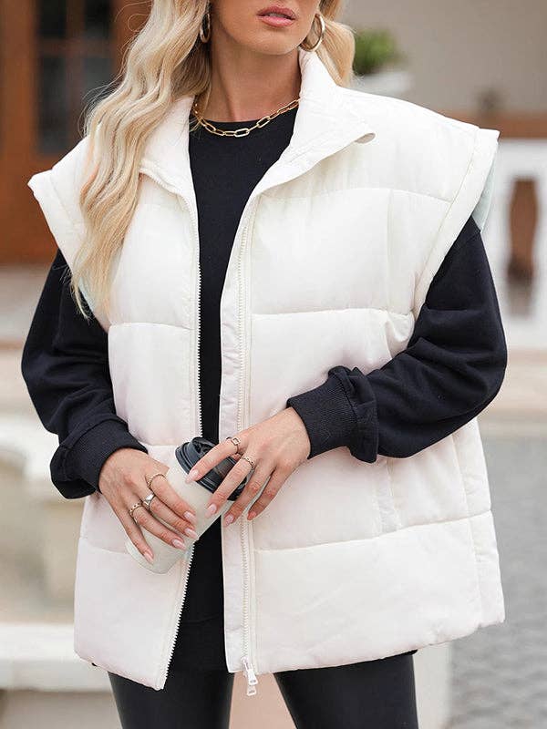 Loose Sleeveless Keep Warm Pockets Quilted Solid Color Zipper Stand Collar Padded Vest for wholesale by StyleGalX