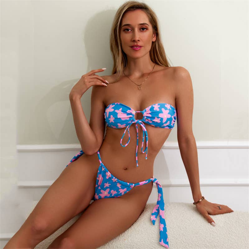 bleu Maillot de bain bikini 2 pièces à imprimé floral en vente sur Faire1