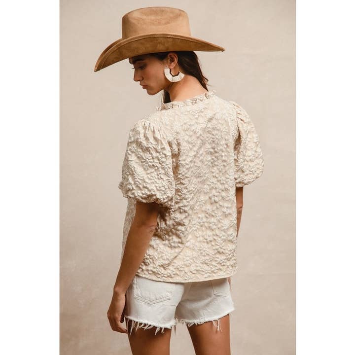 IVE - Wholesale Knit Top - Women's - FLORAL PATTERN TEXTURE SHORT BALLOON SLEEVES TOP11