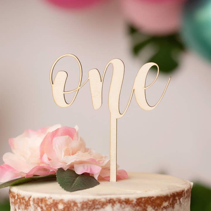 Wooden 1st Birthday Cake Topper, Natural Rustic Party for wholesale by Lady Laser Co