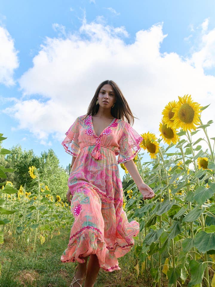 Bahamas oranje lange jurk met korte mouwen voor wholesale door Piti Cuiti