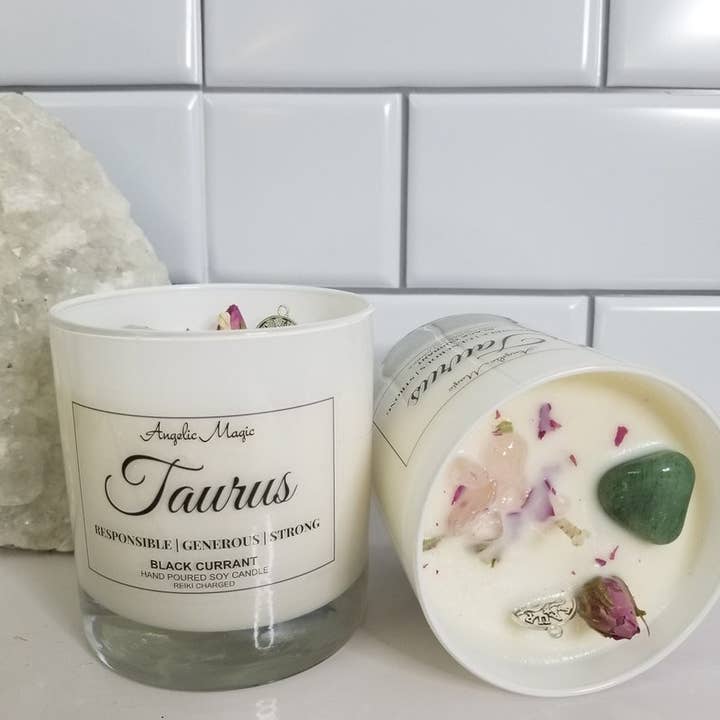 Taurus Zodiac Crystal Soy Candle - Reiki Charged 11 oz for wholesale by Angelic Magic