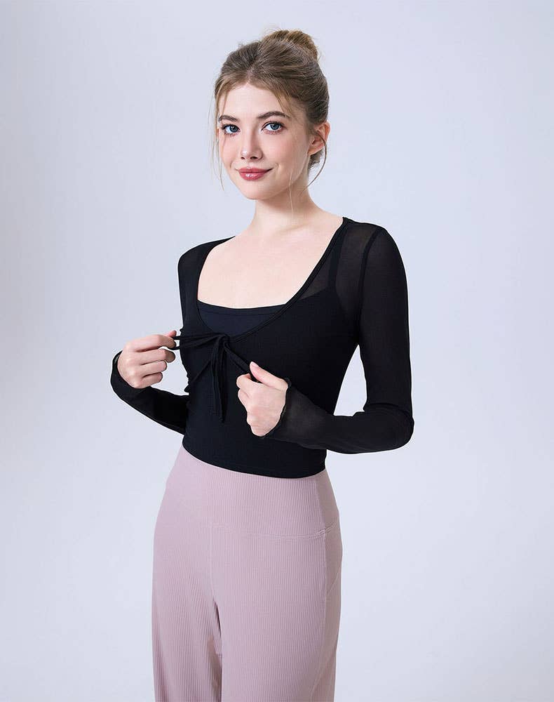 Crave by FW - Wholesale Athletic Top - Women's - Faux Two Piece Long Sleeve Mesh Crop Top Tie Yoga T-Shirts8