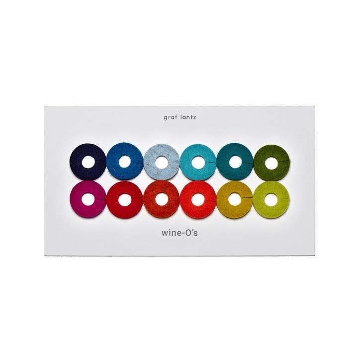 Rainbow Wine-O's Merino Wool Felt Round Wine Markers for wholesale on Faire
