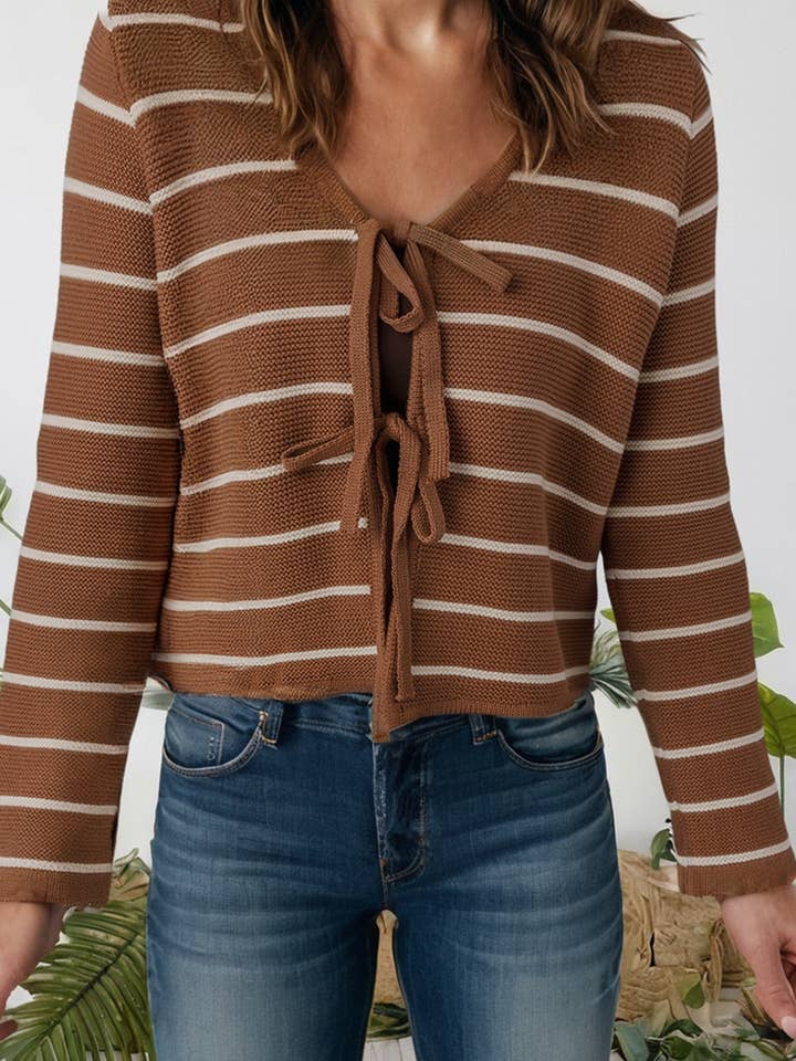 Tie Front Striped Knit V Neck Cardigan Sweater (S-XL) for wholesale by 66DISCO