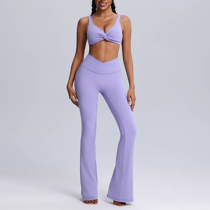 Women's Twisted Sports Bra & Cross-Waist Flare Pants Set for wholesale by Sodalemon