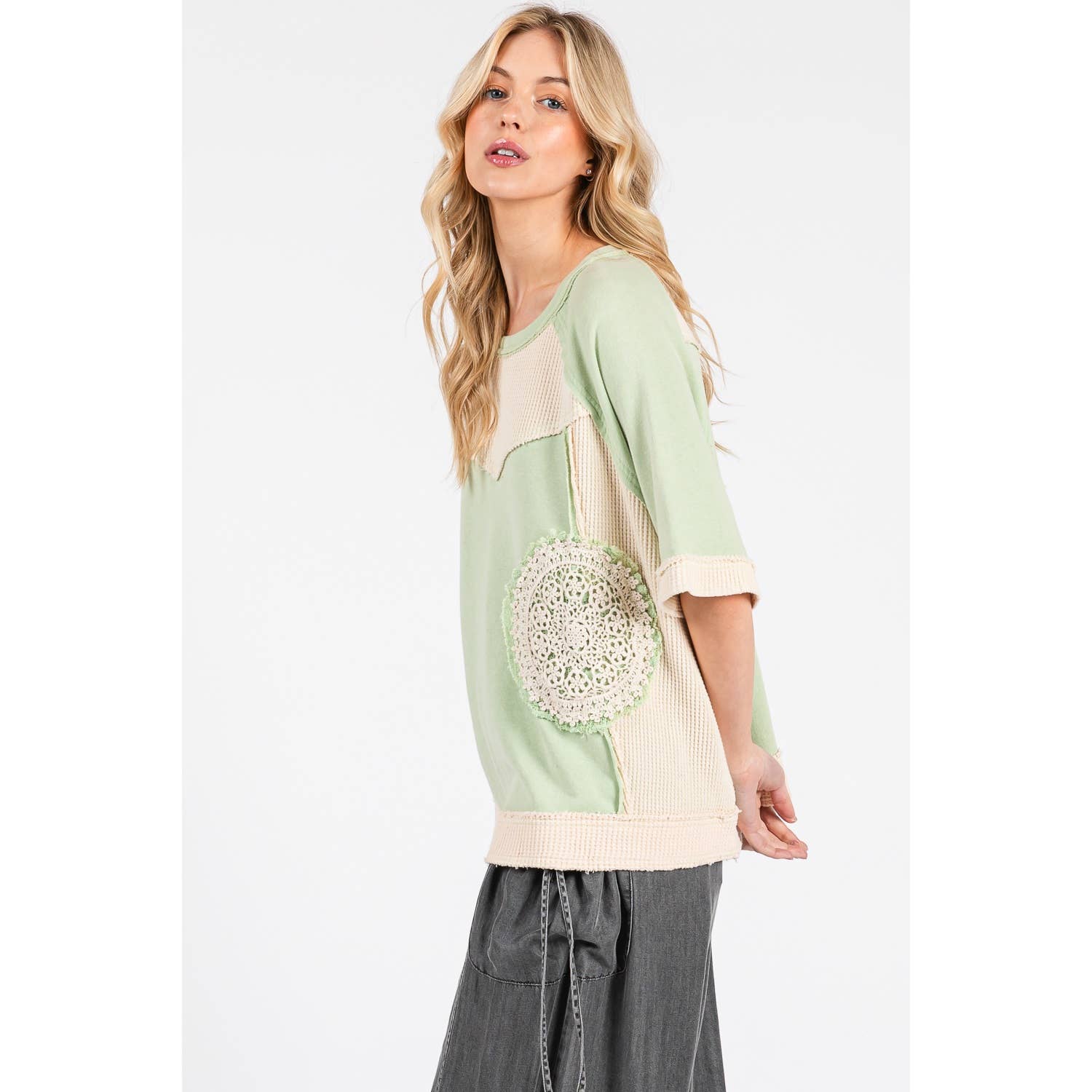 Sage VINTAGE CROCHET PATCHWORK TOP (ST7715) for wholesale on Faire1