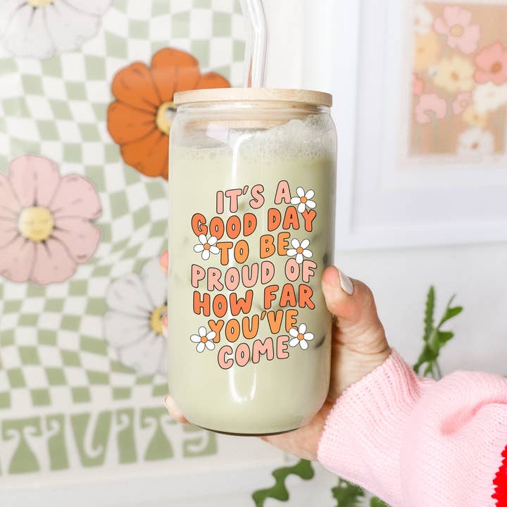Good Day 16 oz Glass Cup with Bamboo Lid for wholesale by Boho + Babe