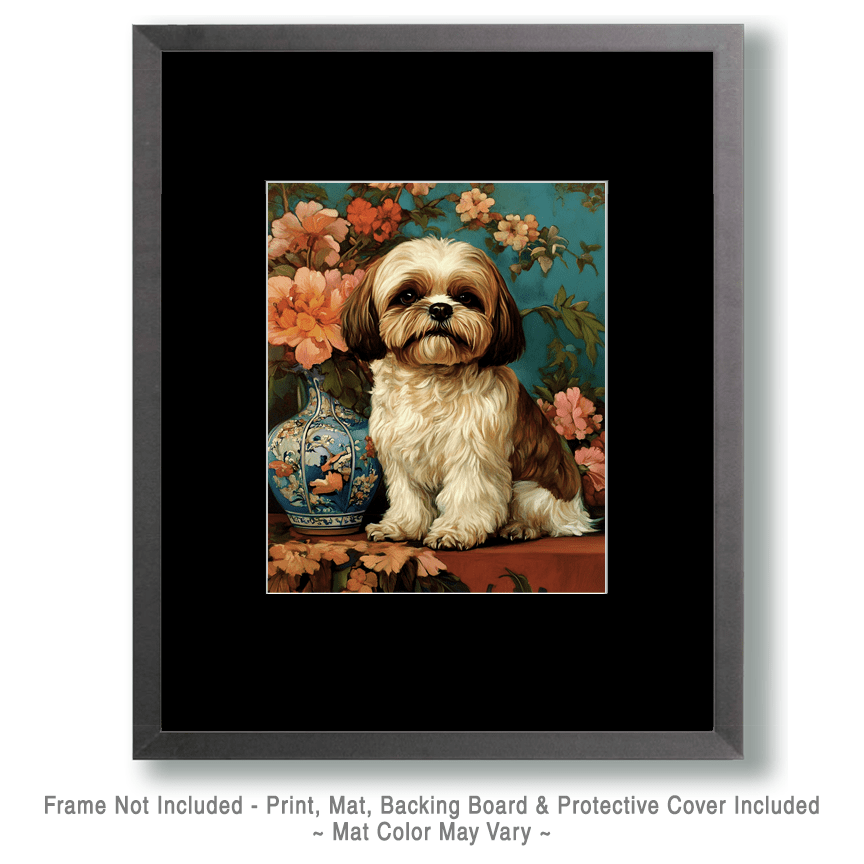 Mowbi – Engroshandel Kunsttryk – Shih Tzu ved Vase - Kæledyr Hund Stillleben Vægkunsttryk – 8″x10″ Kunstværk til 11″x14″ Ramme1