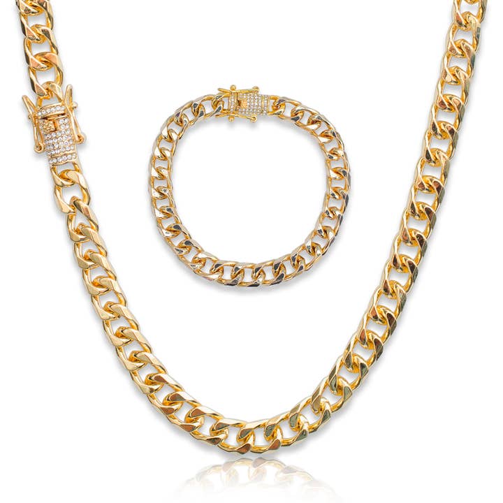 Iced Clasp Miami Necklace & Bracelet Set (9mm, Gold) for wholesale by EMESLY