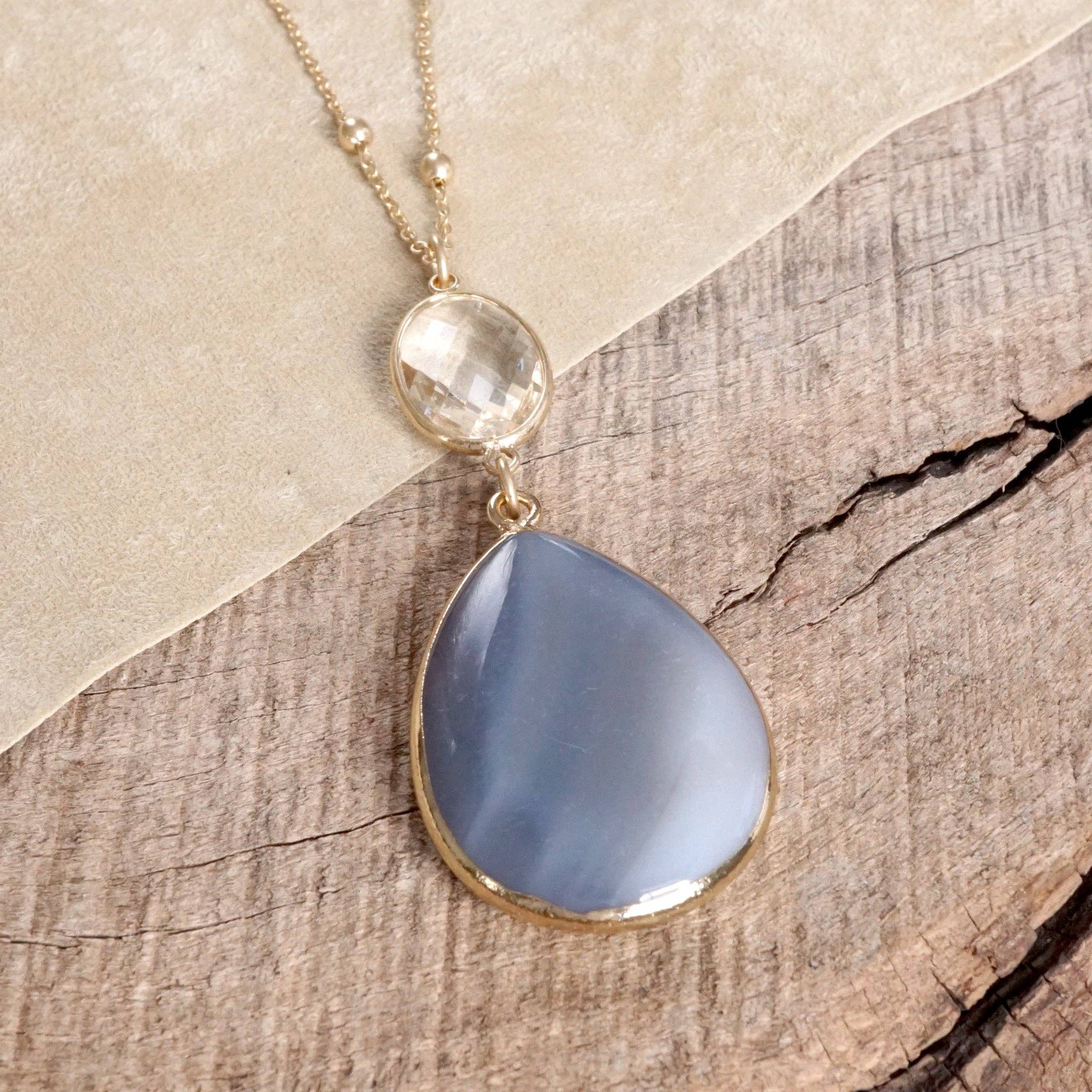 PennyLine inc - Wholesale Pendant/Charm Necklace - Boho Minimal Long Necklace with Teardrop Natural Stone Pendant – Gray and Worn Gold Tone (Copy)1