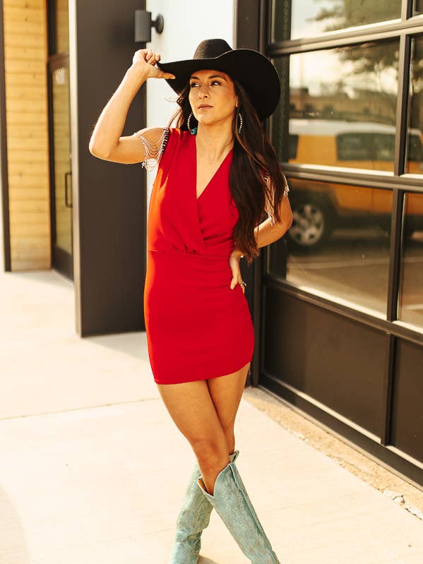 LUCKY & BLESSED - Wholesale Dress - Women's - Red Dress W Rhinestone Fringe Shoulders