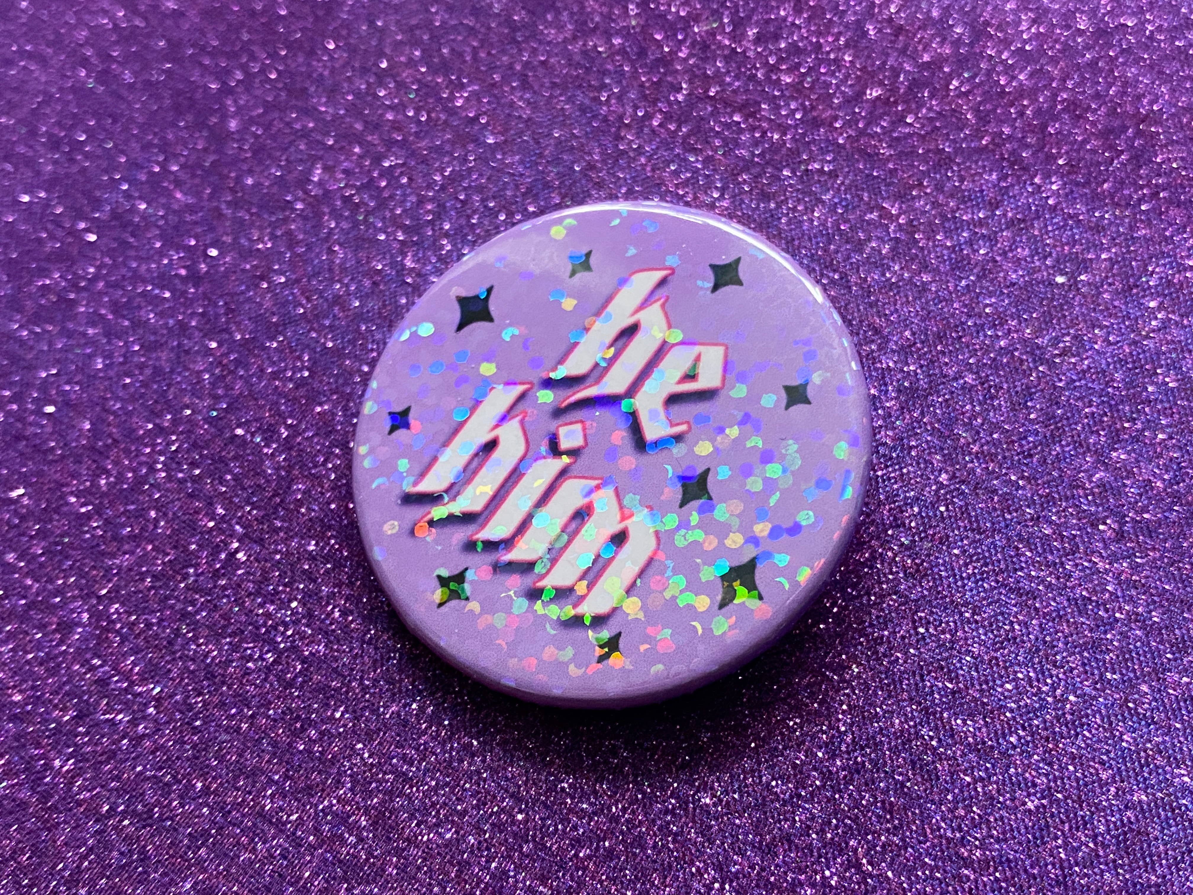 Magical Meow - Wholesale Lapel Pin/Button - He/Him Pronoun Holographic Pin Badge2