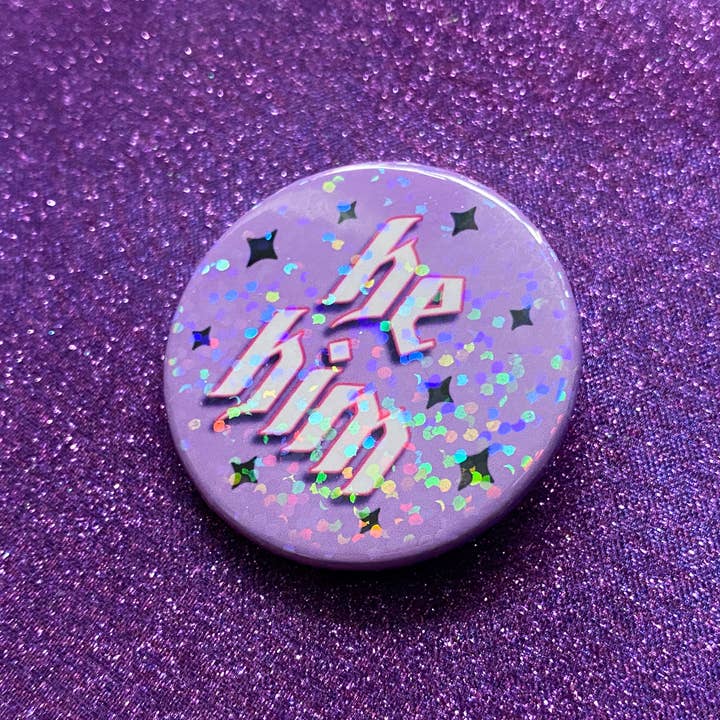Magical Meow - Wholesale Lapel Pin/Button - He/Him Pronoun Holographic Pin Badge2