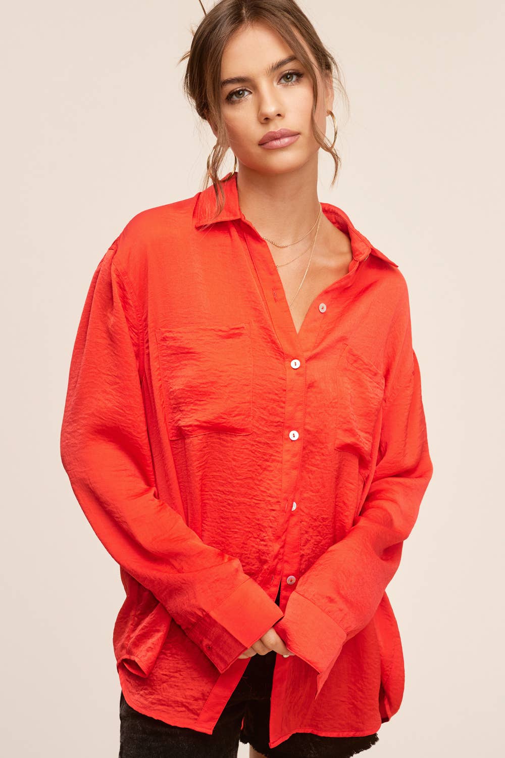 La Miel - Wholesale Button Down Shirt - Women's - SRT7452-Silky and Flowy Button Down Long Sleeve Shirts6