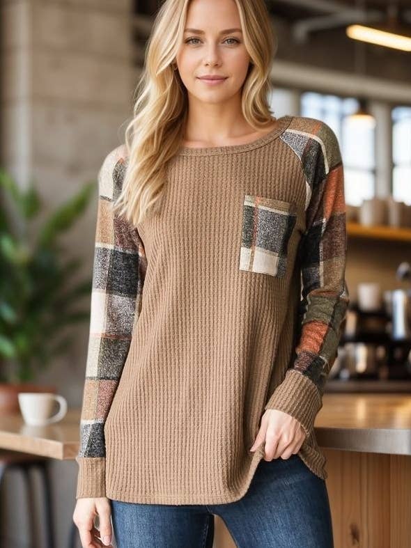 HEIMISH - Wholesale Blouse - Women's - ET6884-10 SOLID WAFFLE AND PLAID TOP WITH POCKET9