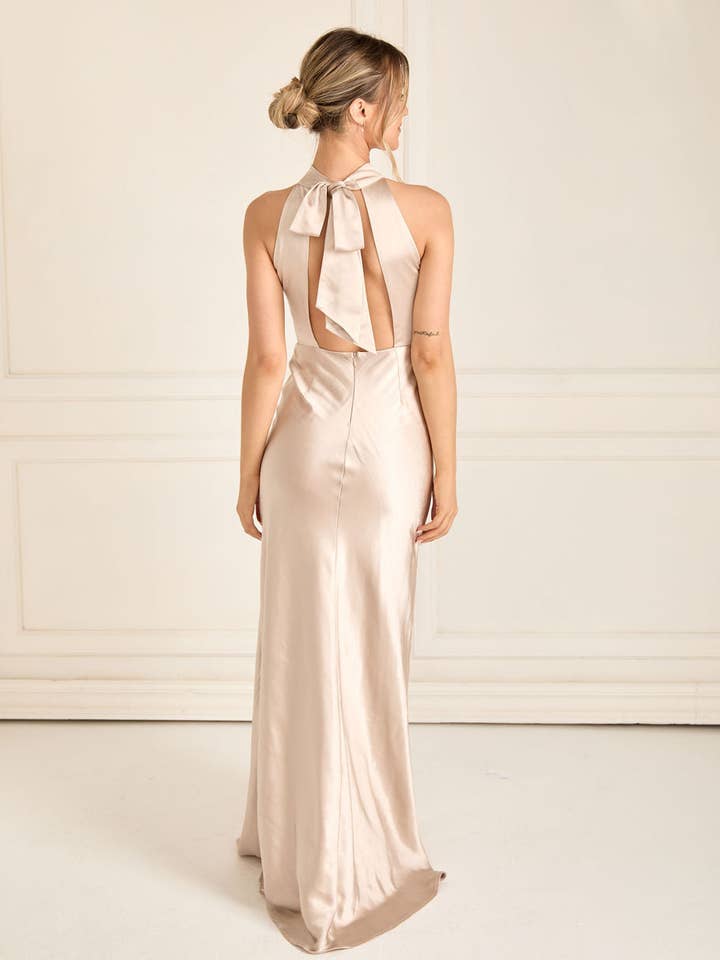 Six Stories - Wholesale Dress - Women's - Halter Neck Satin Bridesmaid Dress - Oyster3