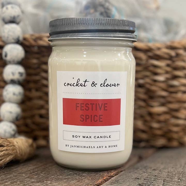 Vela Festive Spice Soy Mason Jar para venta al por mayor de JanMichaels Art & Home