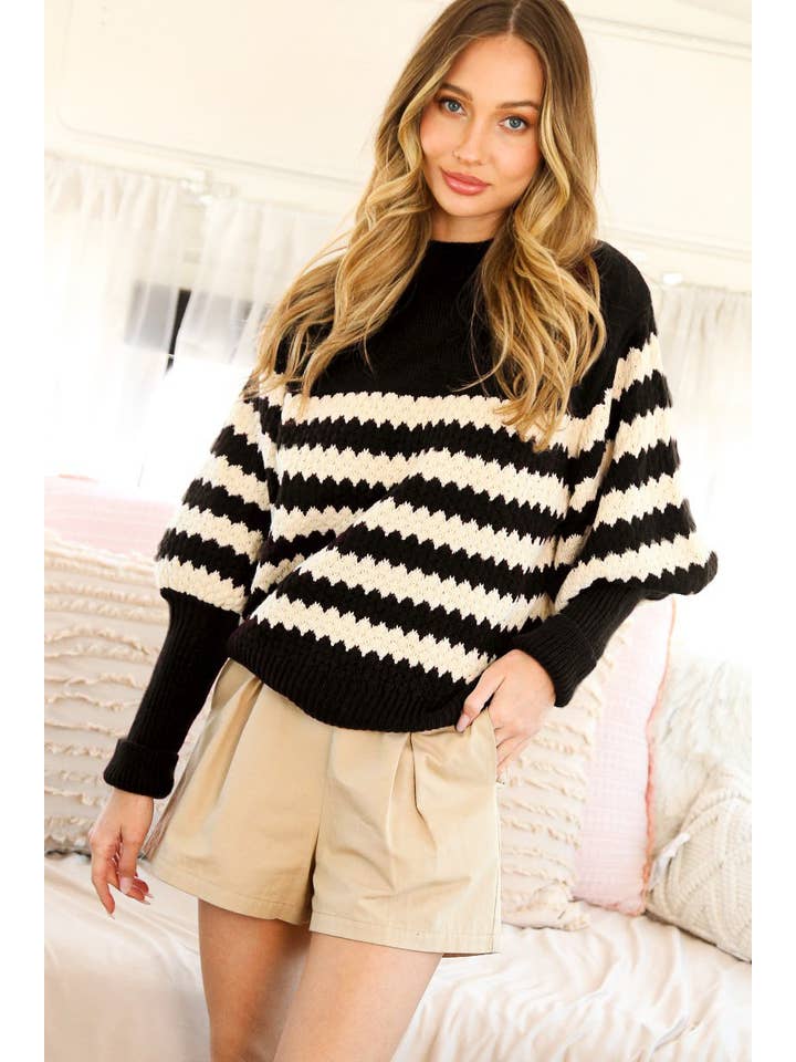 Vine & Love - Wholesale Knit Sweater - Women's - Ribbed Mock Neck Textured Striped Knitted Sweater VT7033213