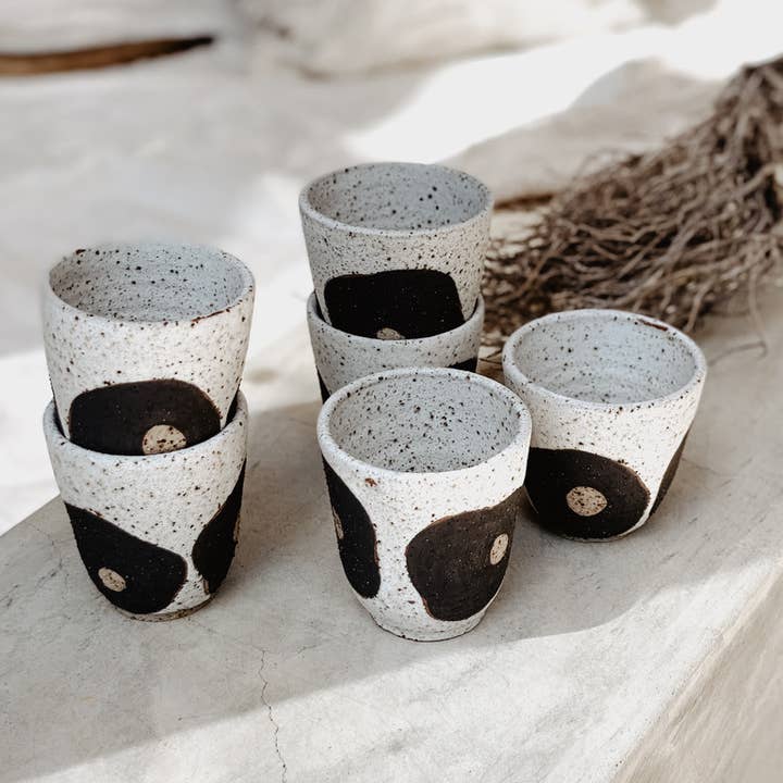 River Ceramics - Wholesale Coffee/tea cup - 'Hana' Cup - Handmade Stackable Cup with Black Flower Motif5