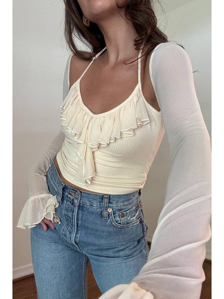 Salty - Wholesale Blouse - Women's - RUFFLE TRIM LONG SLEEVE CROP TOP14