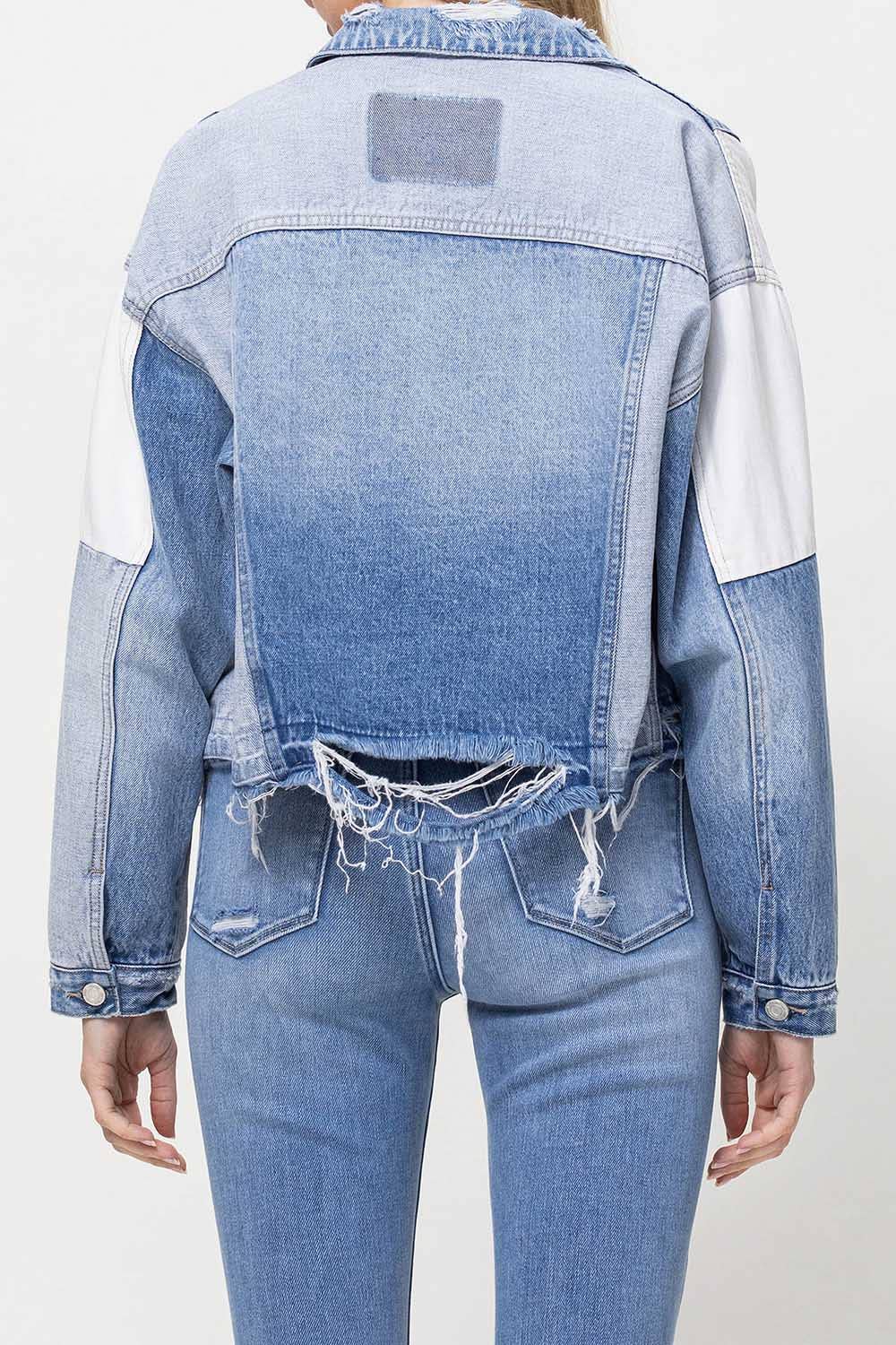 DENIM FARVEBLOK PATCHWORK OVERSIZE CROP DENIM JAKKE V2727J for engroshandel på Faire8