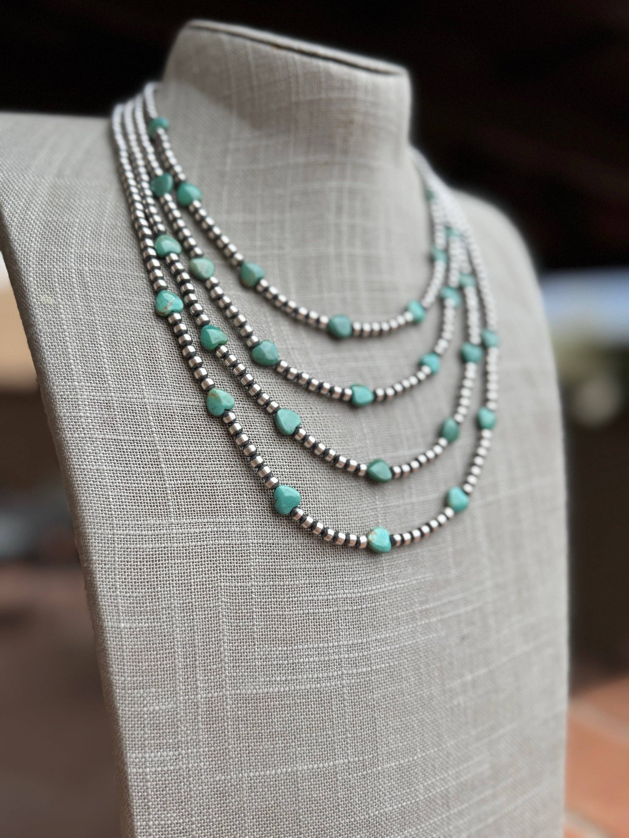 Nizhonitradersllc - Wholesale Beaded/Pearl Necklace - Handcrafted Kingman Turquoise &  Sterling Silver Heart 4mm Beaded Necklace1