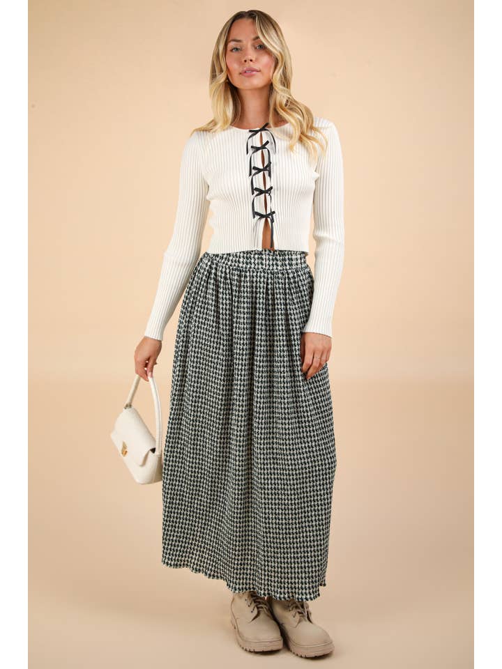VERY J - Wholesale Skirt - Women's - NS50116-Urquhart Check Printed Pleated Midi Skirt