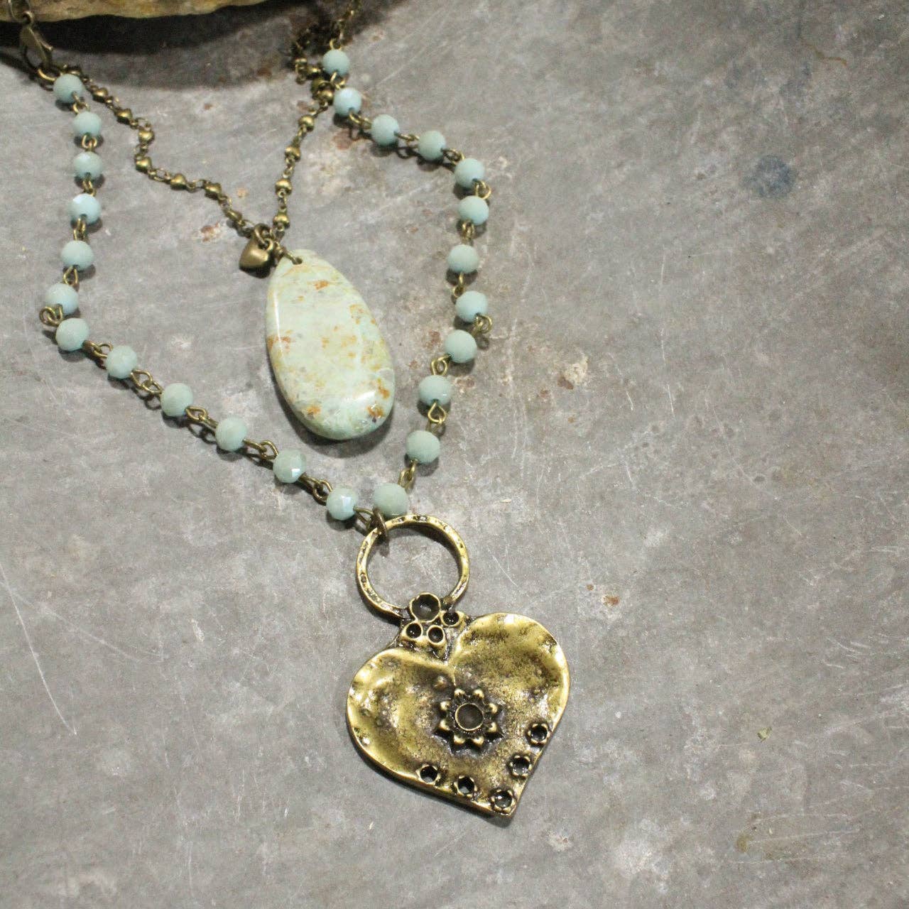 The Primitive Peddler, Inc. - Wholesale Pendant/Charm Necklace - Double Layered Stone & Bronze Heart Drop Necklace3