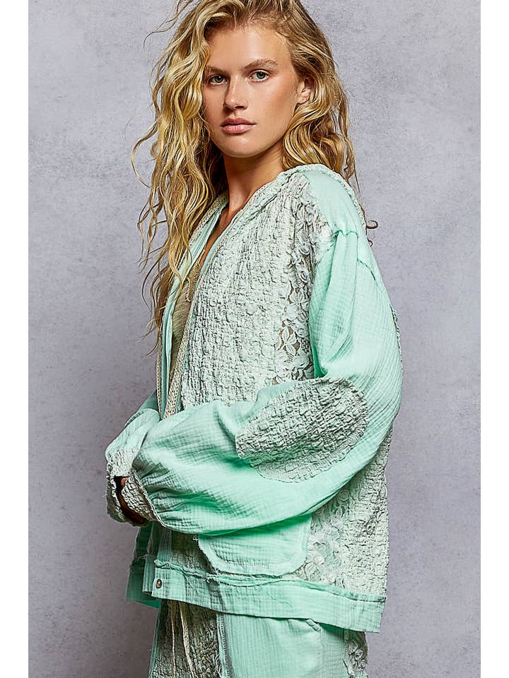 Pol Clothing - Wholesale Jacket - Women's - Balloon Sleeves Lace Solid Knit Hoodie Jacket SALE20