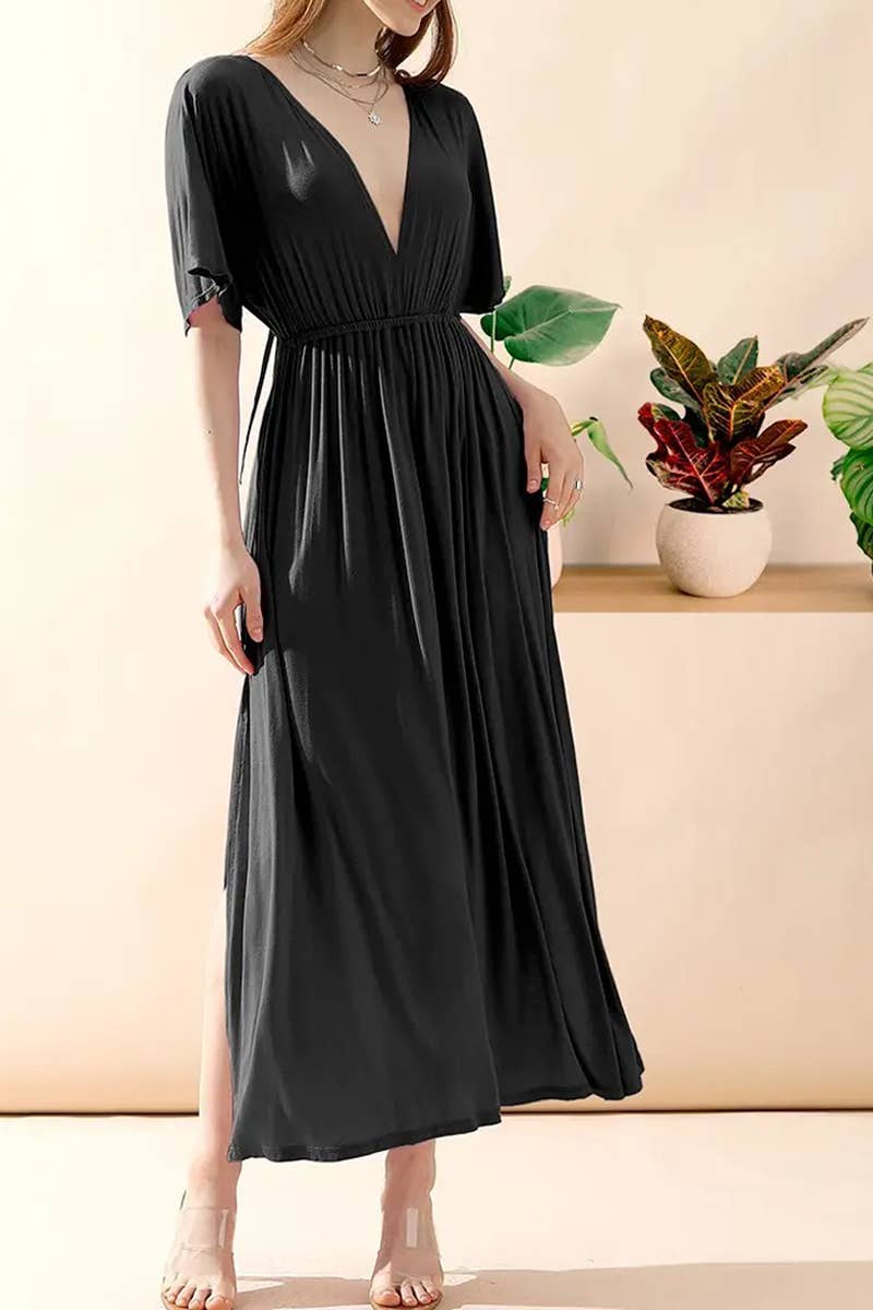 ACCITY - Wholesale Dress - Women's - V-Neck Short Sleeve Back Bow Empire Dress16