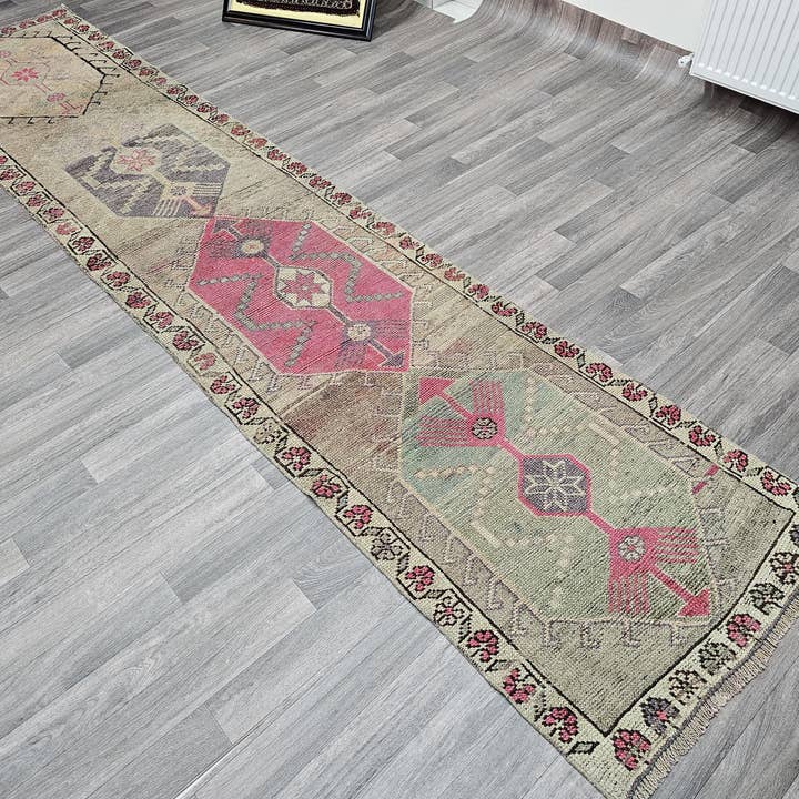 Vintage Herki Wool Runner Rug: 2.7x12.35 ft, Muted Pastel Colors for wholesale by MesopotamiaRugs