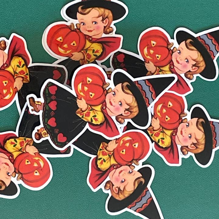 littlevintagetale – wholesale Sticker – Halloween witch and her pumpkin Sticker | Handmade Sticker |1