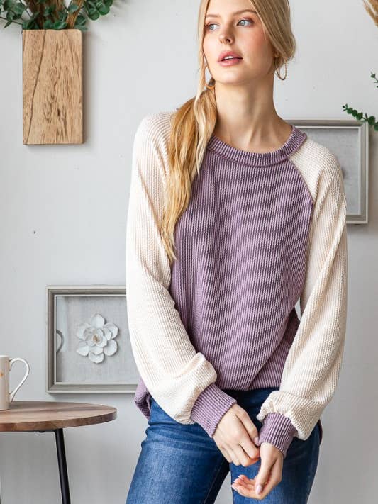 HEIMISH - Wholesale Tunic - Women's - ET7689-10 PUFF SLEEVE SOLID URBAN RIBBED COLOR BLOCK TOP9