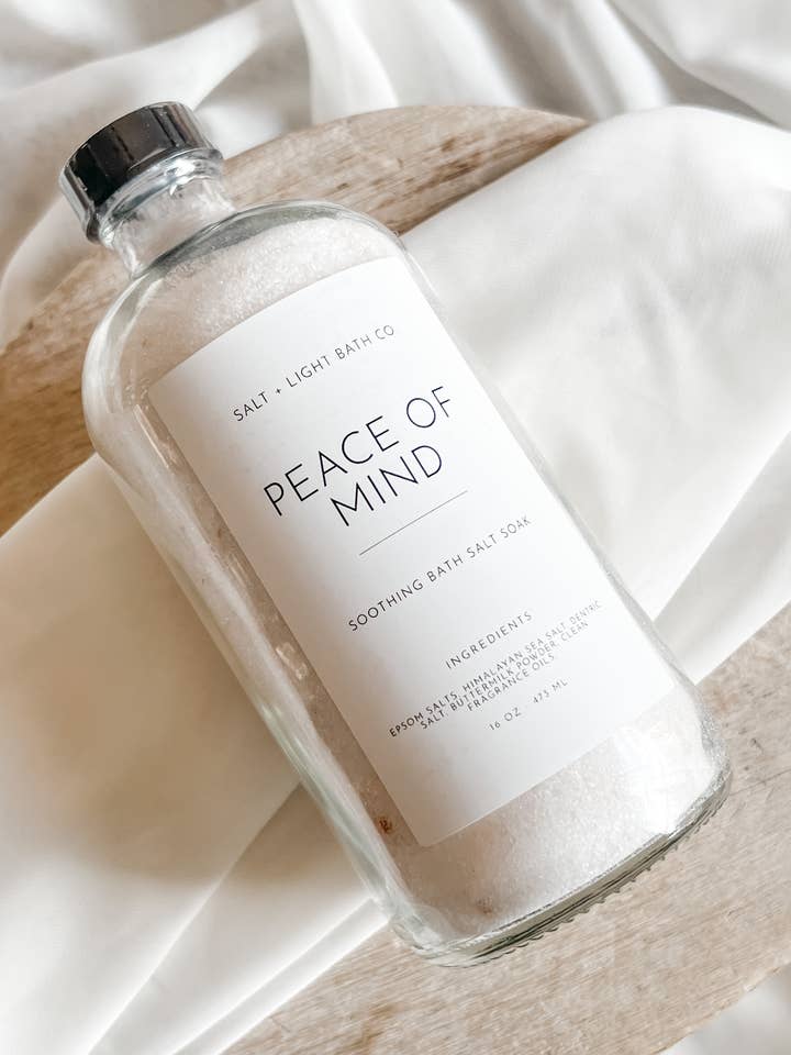 Peace of Mind Bath Salts 16oz Bottle for wholesale by Salt + Light Bath Company