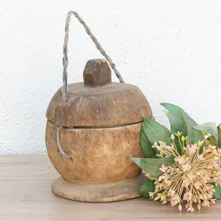 Antique Wooden Bowl w/ Rope Handle for wholesale by De-cor