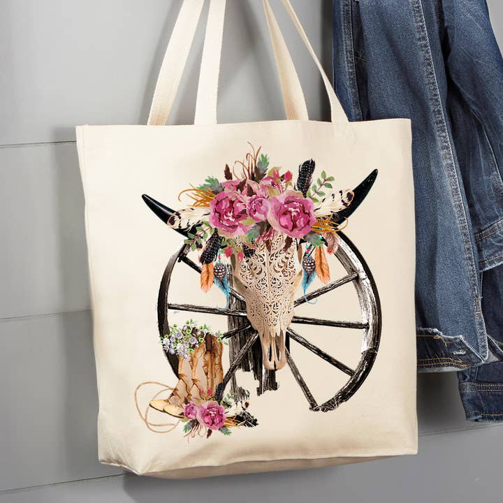Western Cow Skull Cowboy Southwestern 12 oz Canvas Tote Bag for wholesale by Avery Lane Gifts