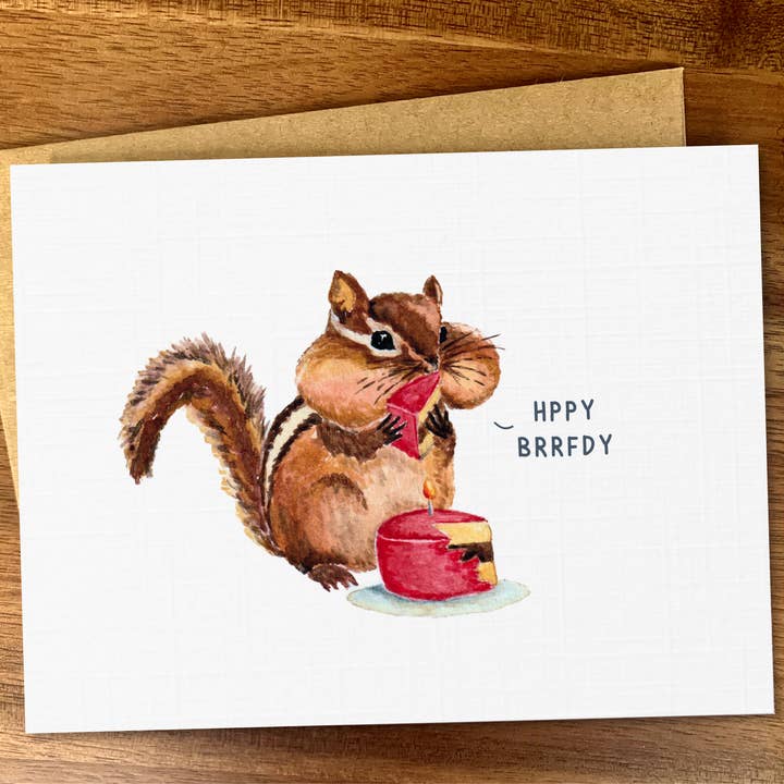 Chipmunk w/ birthday cake card, Squirrel woodland creatures for wholesale by Pink Hill Press
