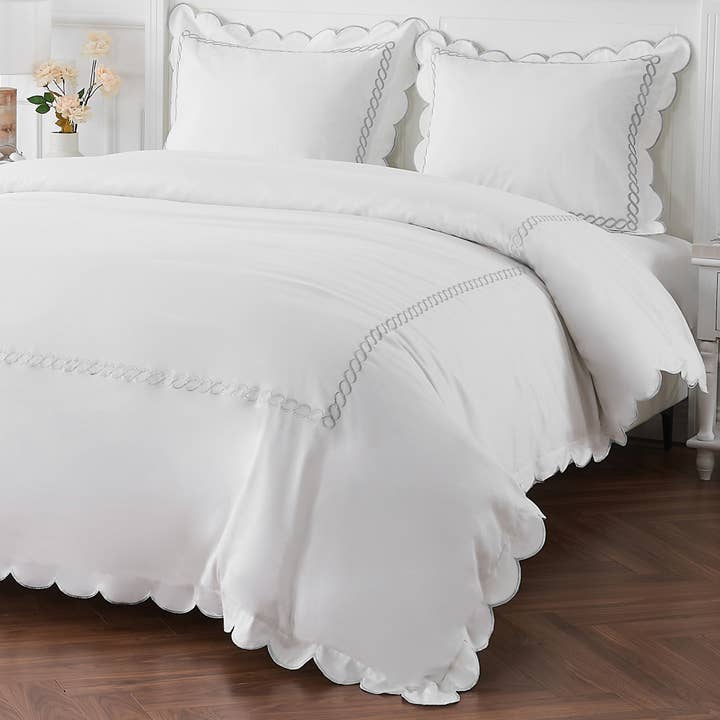 Mélange Home - Vente Housses de couette - Ensemble de couette en coton brodé à corde festonnée, 600 fils