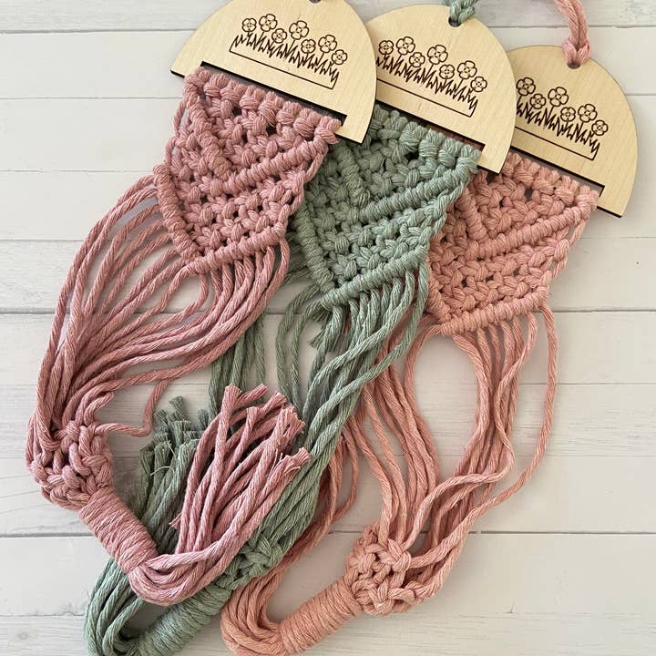 Macrame airplant air plant hanger with engraved wooden piece for wholesale by Chickadee Creations