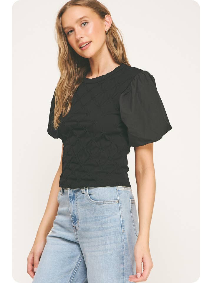 Strut & Bolt - Wholesale Blouse - Women's - Flower Embossed Puff Sleeve Tee Top15