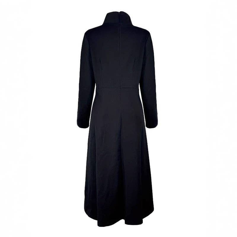 BLACK Solid Color Slim High Neck Waist Long Sleeve Dress for wholesale on Faire1