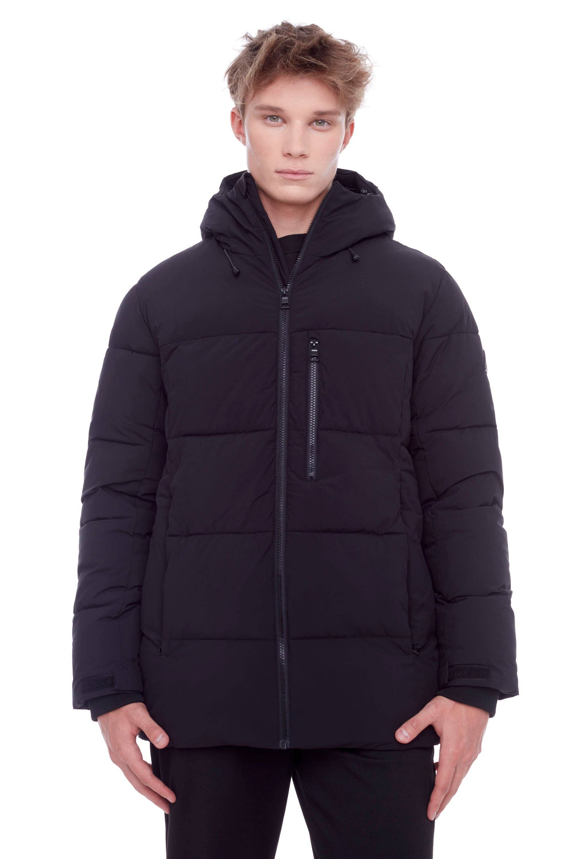 BANFF | MEN'S VEGAN DOWN (RECYCLED) MID-WEIGHT QUILTED PUFFER JACKET, BLACK for wholesale on Faire2