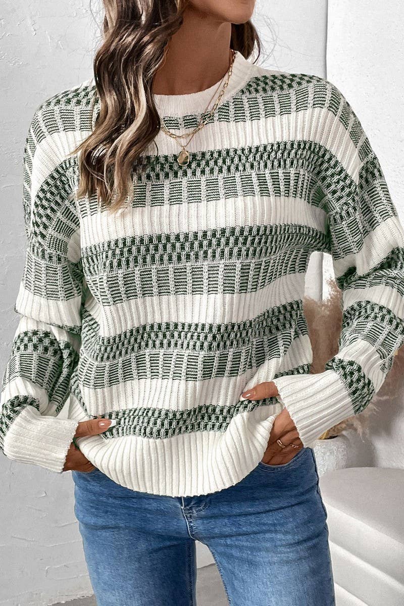 ARMYGREEN CWOSWL07895_STRIPED LONGSLEEVED PULLOVER KNITTED SWEATER TOP for wholesale on Faire2