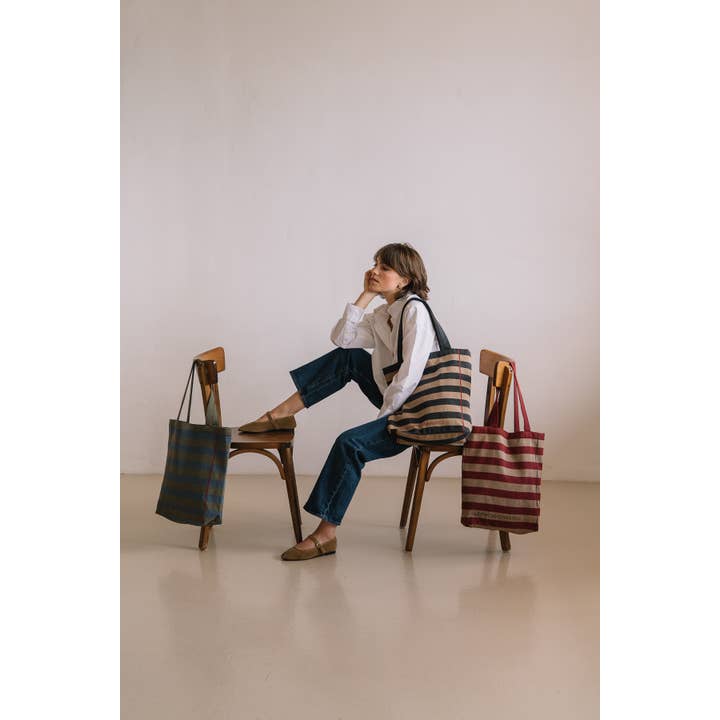 Les Pensionnaires - Wholesale Tote Bag - Women's - Striped tote bag in green and blue recycled fibers5